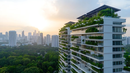 High rise building with solar panel and blue sky in Bangkok, Thailand