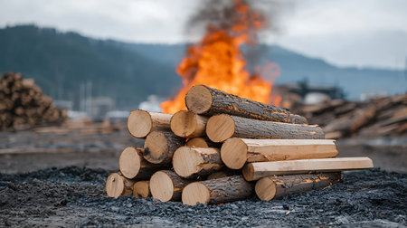 Firewood in a pile on the background of a burning forest.