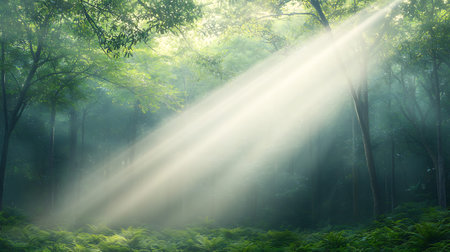 Morning fog in the forest with sunbeams and lens flare.