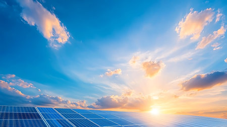 Solar panel with beautiful sky at sunset background. Alternative energy concept.