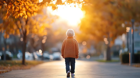 Back view of little boy walking in autumn park. Back view of kid in casual clothes. Kid having fun outdoors.の写真素材