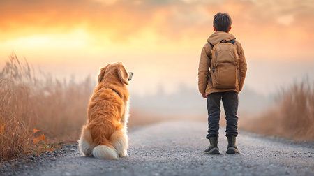 Young man walking with his dog on the road in the countryside.の写真素材