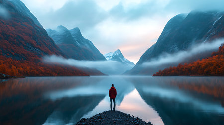 Man standing on the edge of a lake with mountains in the backgroundの写真素材