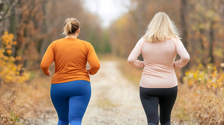 Back view of two women in sportswear running in autumn forestの写真素材