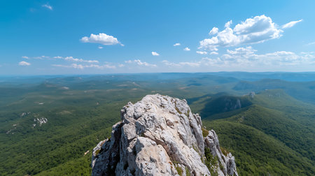 Panoramic view from the top of the mountain to the valley and blue skyの写真素材