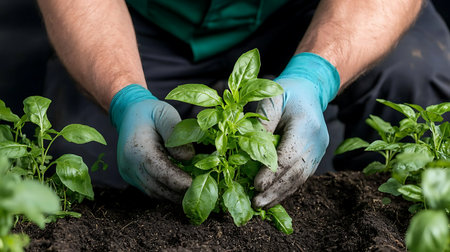 Close-up of a gardener's hands planting basil in the groundの写真素材