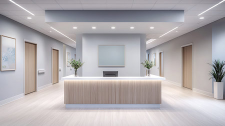 Interior of modern office hall with reception desk. Mock up, 3D Renderingの写真素材
