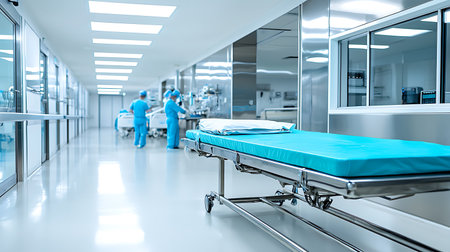 Interior of a hospital corridor with empty beds and emergency medical staffの写真素材