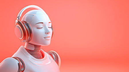 3d rendering humanoid robot listening to music with headphones on red background