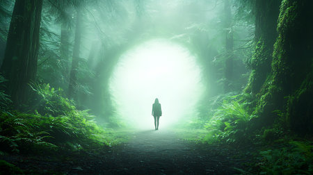 Woman walking in the forest with fog and light at the end of tunnelの写真素材