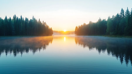 Sunrise on the lake in the forest. Beautiful summer landscape.の写真素材