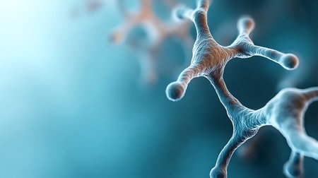 3d rendering of a neuron cell in blue background with copy space