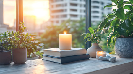 Books and candles on wooden table in front of window with city view.の写真素材