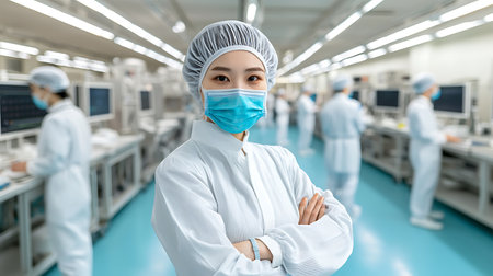 young asian female scientist or medical doctor in hospital laboratory looking at cameraの写真素材