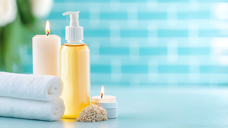 Spa composition with essential oil, towel and candles on color backgroundの写真素材