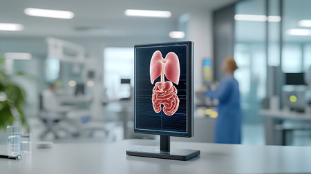 Digital screen with human organ and doctor in the background 3D renderingの写真素材
