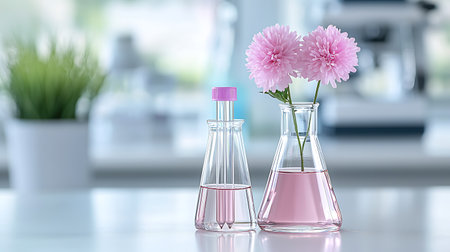 Laboratory glassware with pink flowers on table, 3d renderingの写真素材