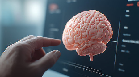 Human brain with computer screen on background. 3D rendering and illustration.