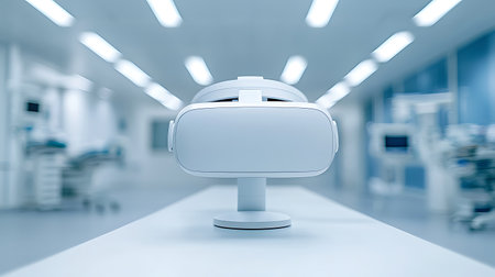 3d rendering virtual reality goggles on white table in modern hospital corridorの写真素材