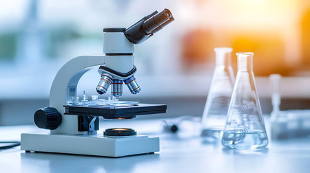 Microscope and test tubes in laboratory, science research and development conceptの写真素材