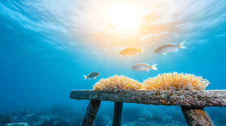 Underwater view of coral reef and fish swimming around. Underwater world.の写真素材