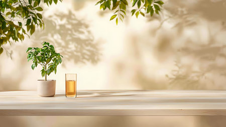 3d render of a wooden table with a glass and a plant