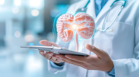 Doctor holding a tablet computer with human brain on blurred background, medical conceptの写真素材