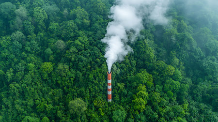 Aerial view of coal power plant with smoking chimney in green forestの写真素材
