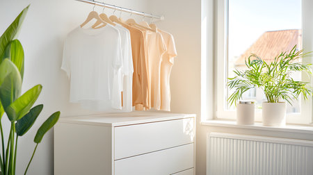 White chest of drawers with clothes on rack in modern room.の写真素材