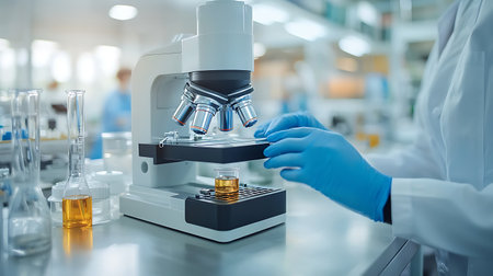 Scientist working with microscope in laboratory, science research and development concept.の写真素材