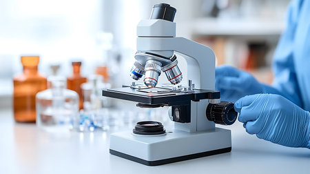 Scientist working with microscope in laboratory. Laboratory research and development concept.の写真素材