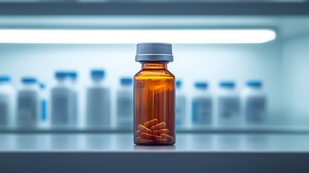 Medicine bottle with pills on the table in the laboratory. 3d renderingの写真素材