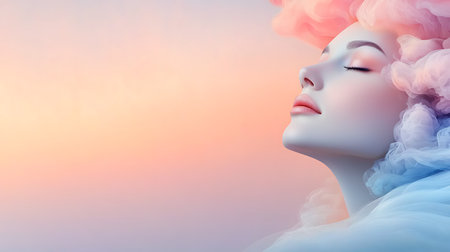 Beautiful woman with pink hair and blue smokey clouds on her faceの写真素材