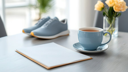 Cup of tea, notebook and pair of shoes on wooden tableの写真素材