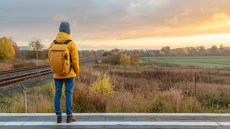 A young man with a yellow backpack stands on the platform and looks into the distance.