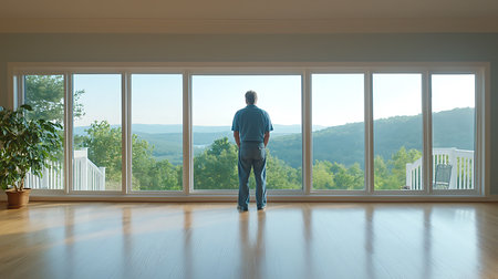 Back view of a man standing in a room with panoramic window overlooking the countrysideの写真素材