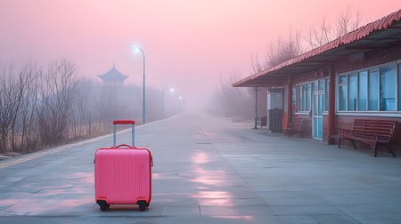 Luggage on the road in the foggy morning. 3d renderingの写真素材