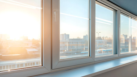 Empty white window in modern office with city view. 3d renderingの写真素材