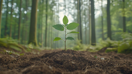 Young green plant growing in the middle of a forest. Ecology concept