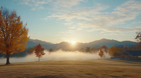 Foggy morning in the mountains. Autumn landscape. 3d renderの写真素材