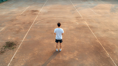 Young man jogging on the tennis court. View from above.の写真素材