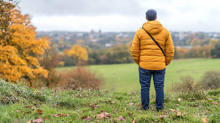 A man in a yellow jacket stands on a hill and looks at the autumn landscapeの写真素材