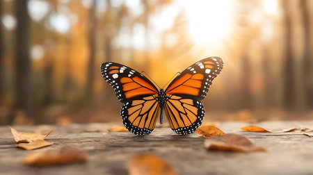 Monarch butterfly on autumn leaves in the forest, nature background.の写真素材