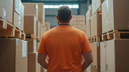 Rear view of a warehouse worker looking at boxes in a warehouseの写真素材