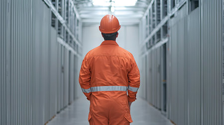 Rear view of a male worker in an orange uniform standing in a warehouseの写真素材