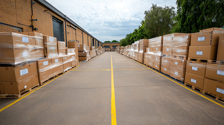 Warehouse warehouse with rows of cardboard boxes ready for shipment to customers