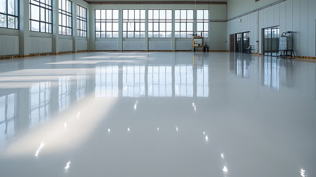 interior of a modern dance studio with white floor and large windowsの写真素材