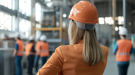 back view of female worker in orange safety helmet and orange jacket looking at factory