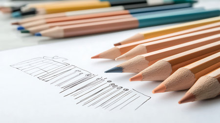 Pencils of different colors on a white sheet of paper.