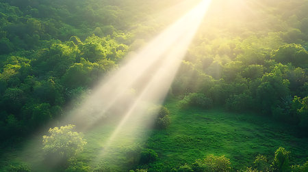 Beautiful green forest with sun rays and lens flare. Nature backgroundの写真素材
